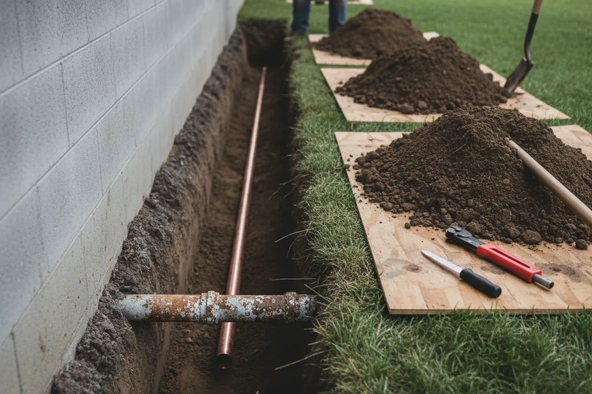 Excavated water line trench during Sewer Line Repair in Portland
